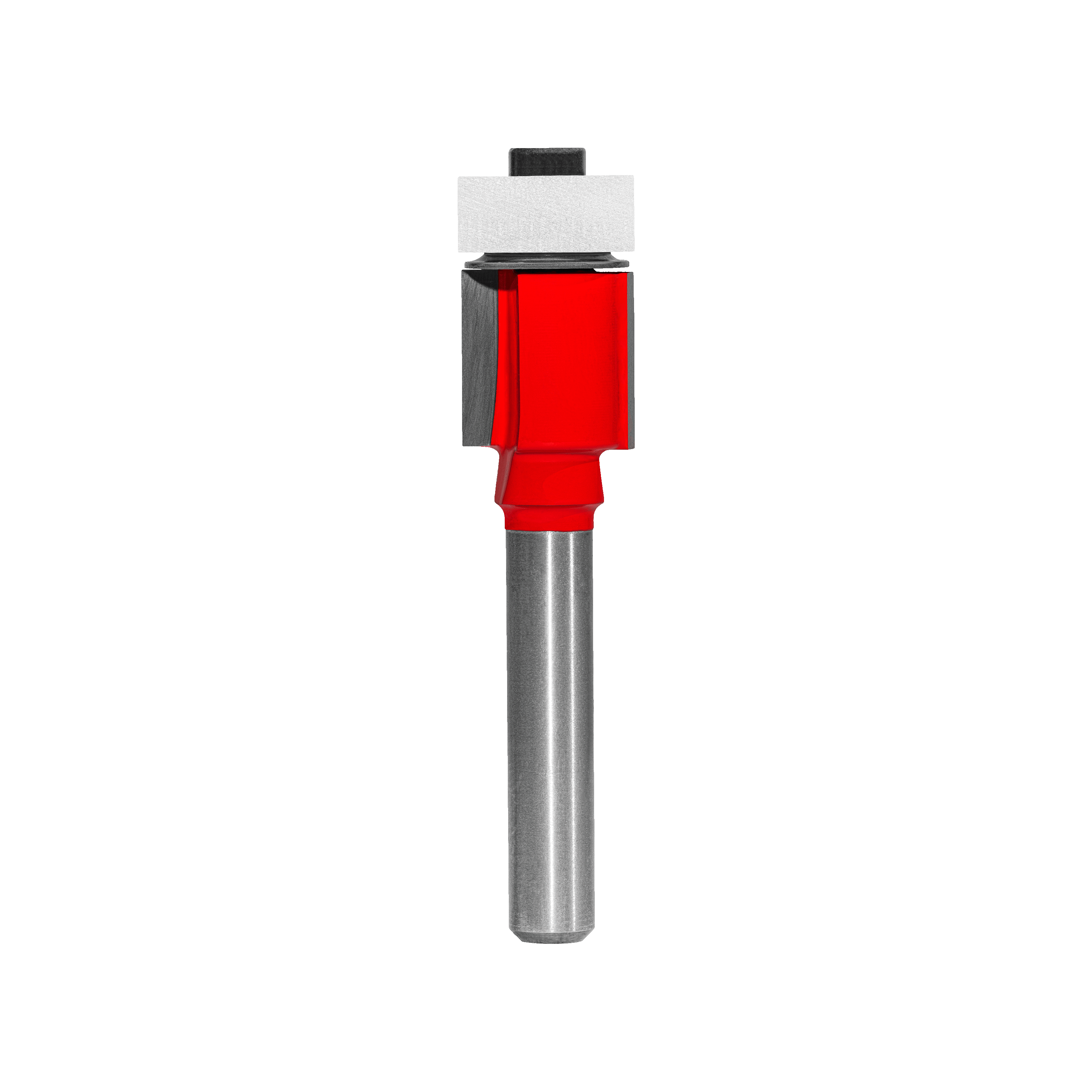 Flush trim router bit with red body, bearing guide, and metal shank on white background.