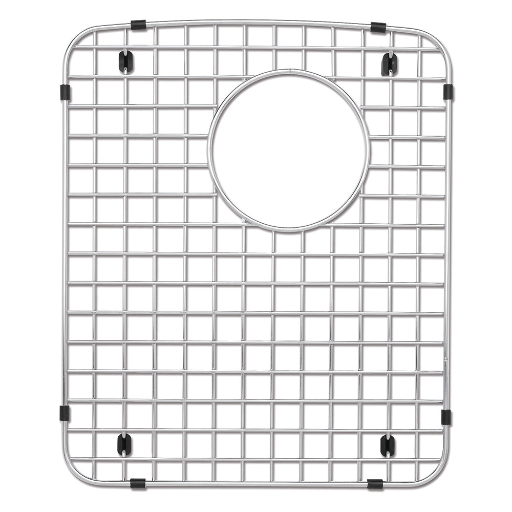 Stainless steel sink grid with square mesh pattern, circular center opening, and black rubber corner supports.