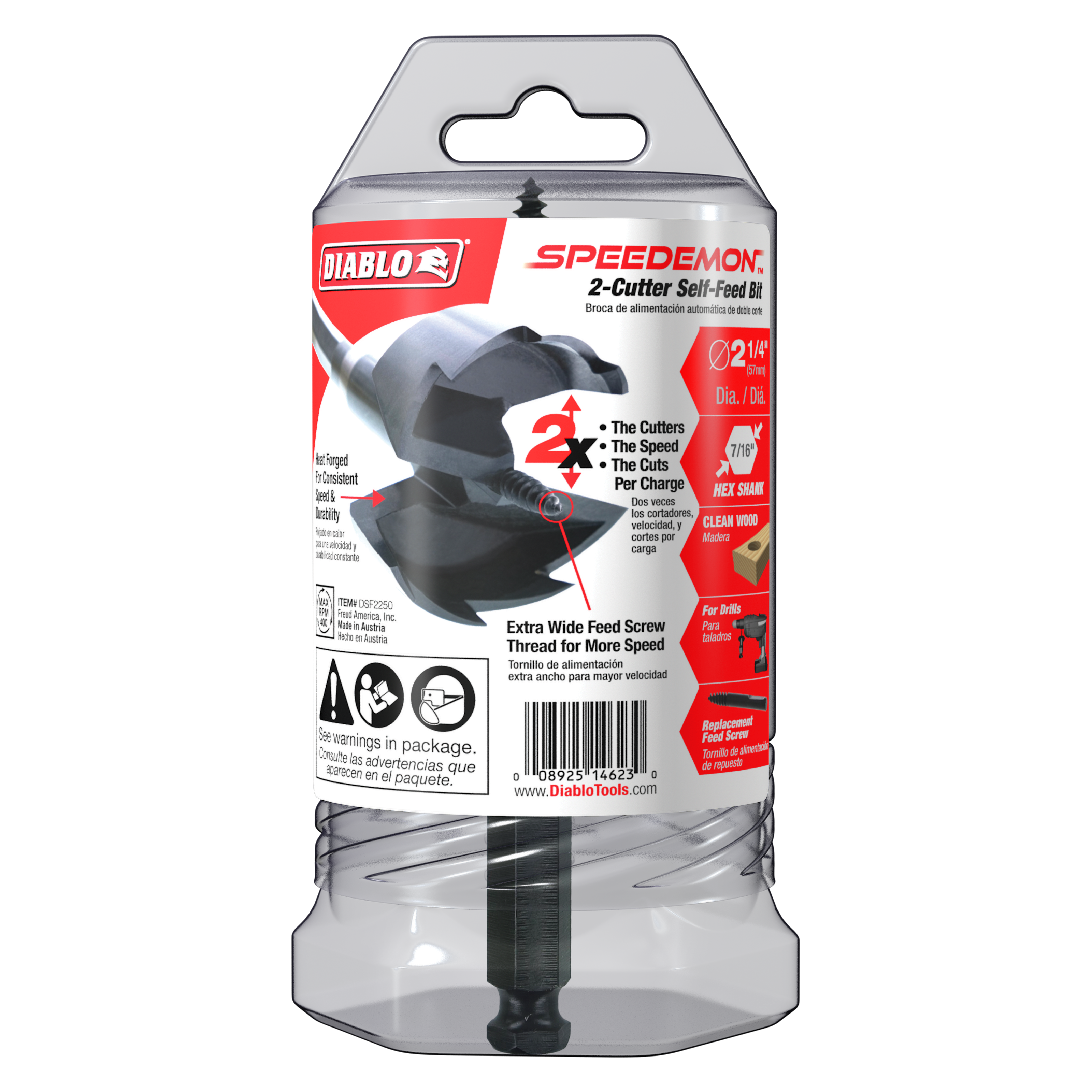 Diablo SPEEDemon 2-1/4 inch self-feed drill bit with black cutting head and black shank in clear plastic packaging.