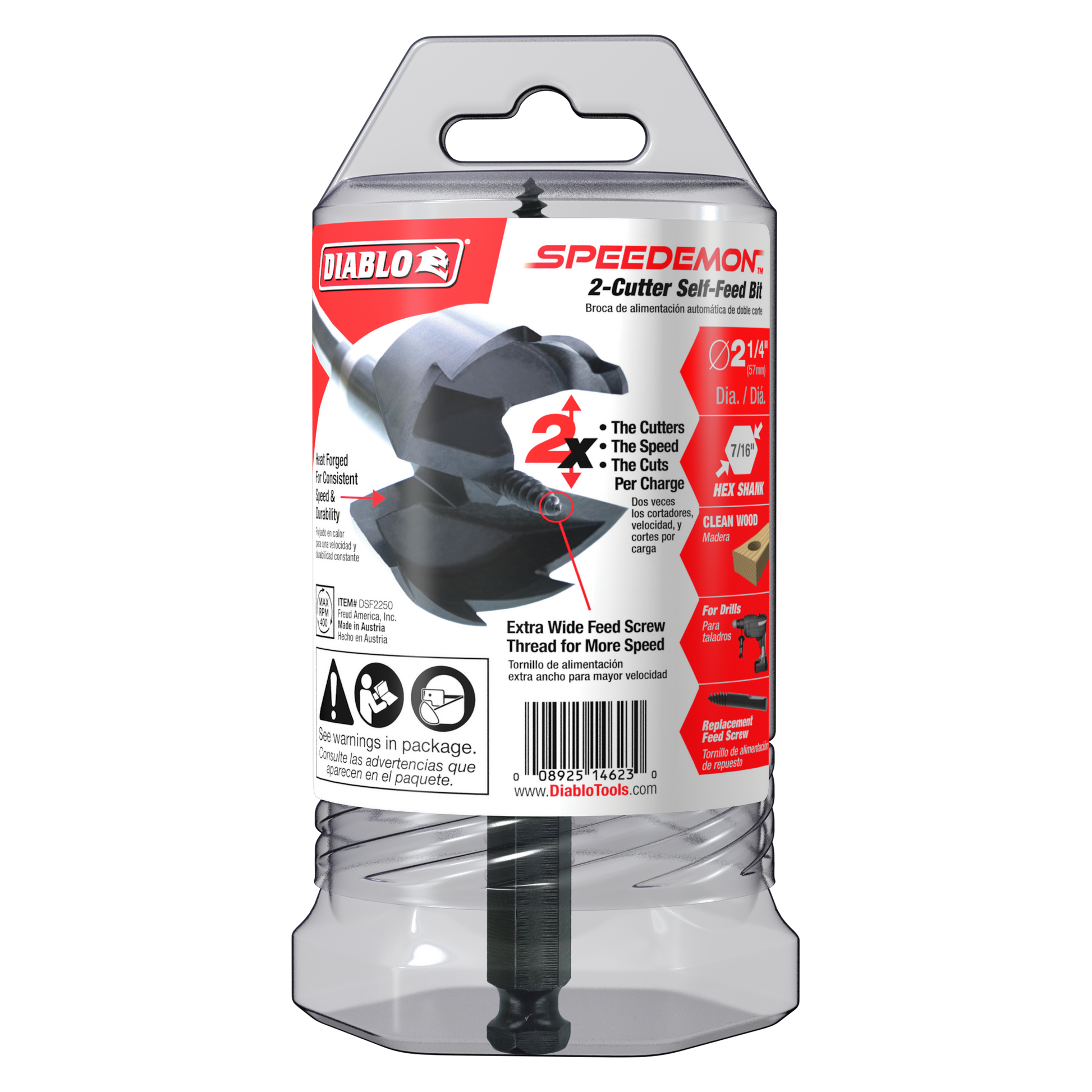 Diablo SPEEDemon 2-1/4 inch self-feed drill bit with two dark cutting edges and black shaft in clear plastic packaging.