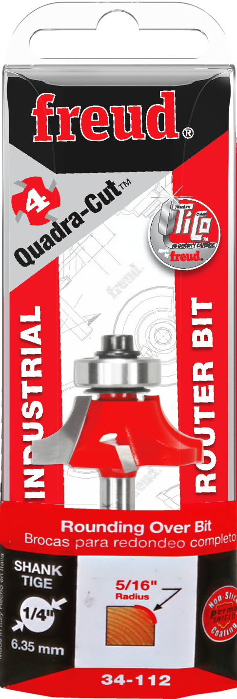 Freud 5/16" radius rounding over bit with red base, silver shank, and packaging showing specifications.