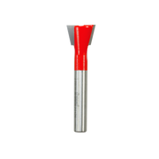Freud dovetail router bit with red plastic body and silver metal shaft featuring angled cutting edges at the tip.