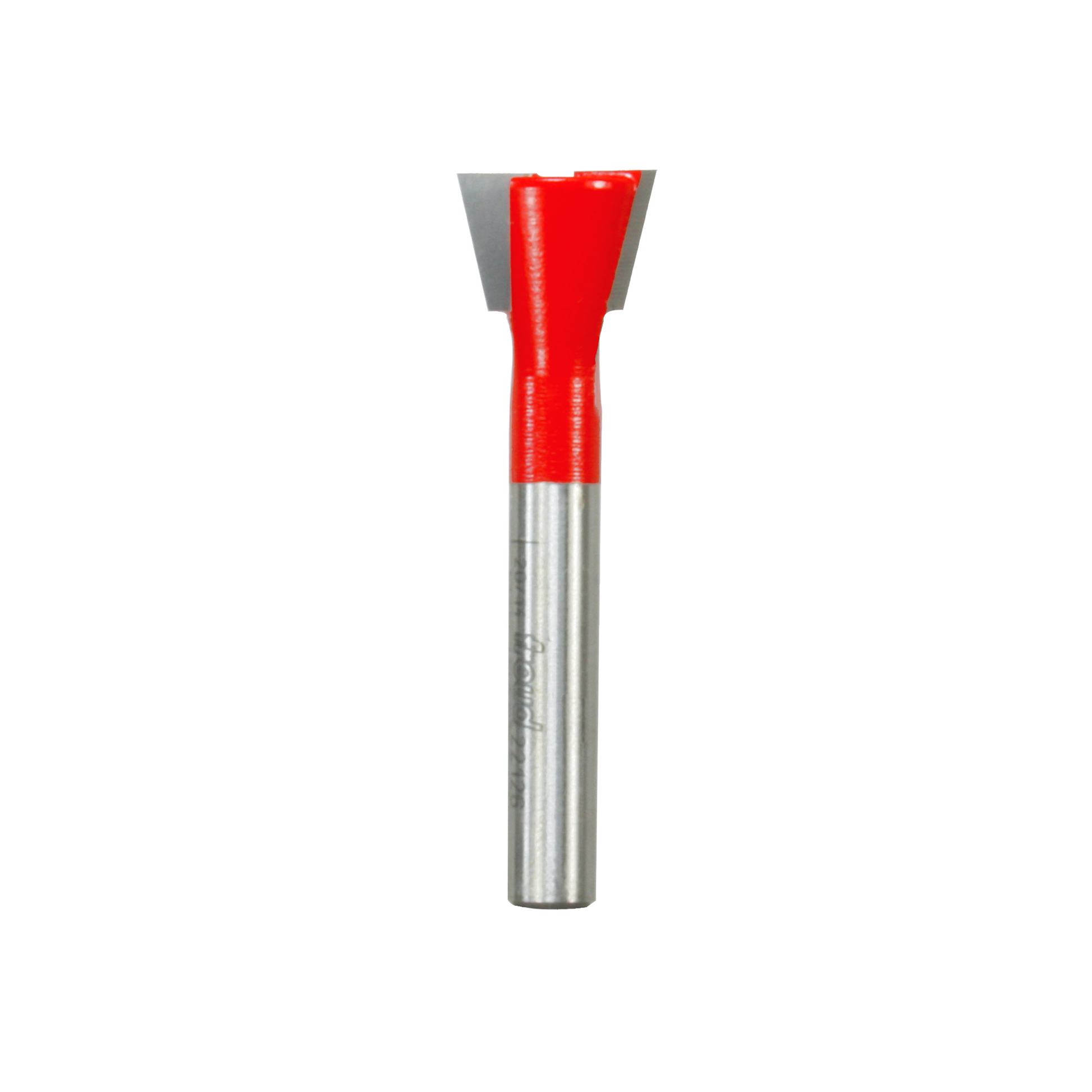 Freud dovetail router bit with red plastic body and silver metal shaft featuring angled cutting edges at the tip.