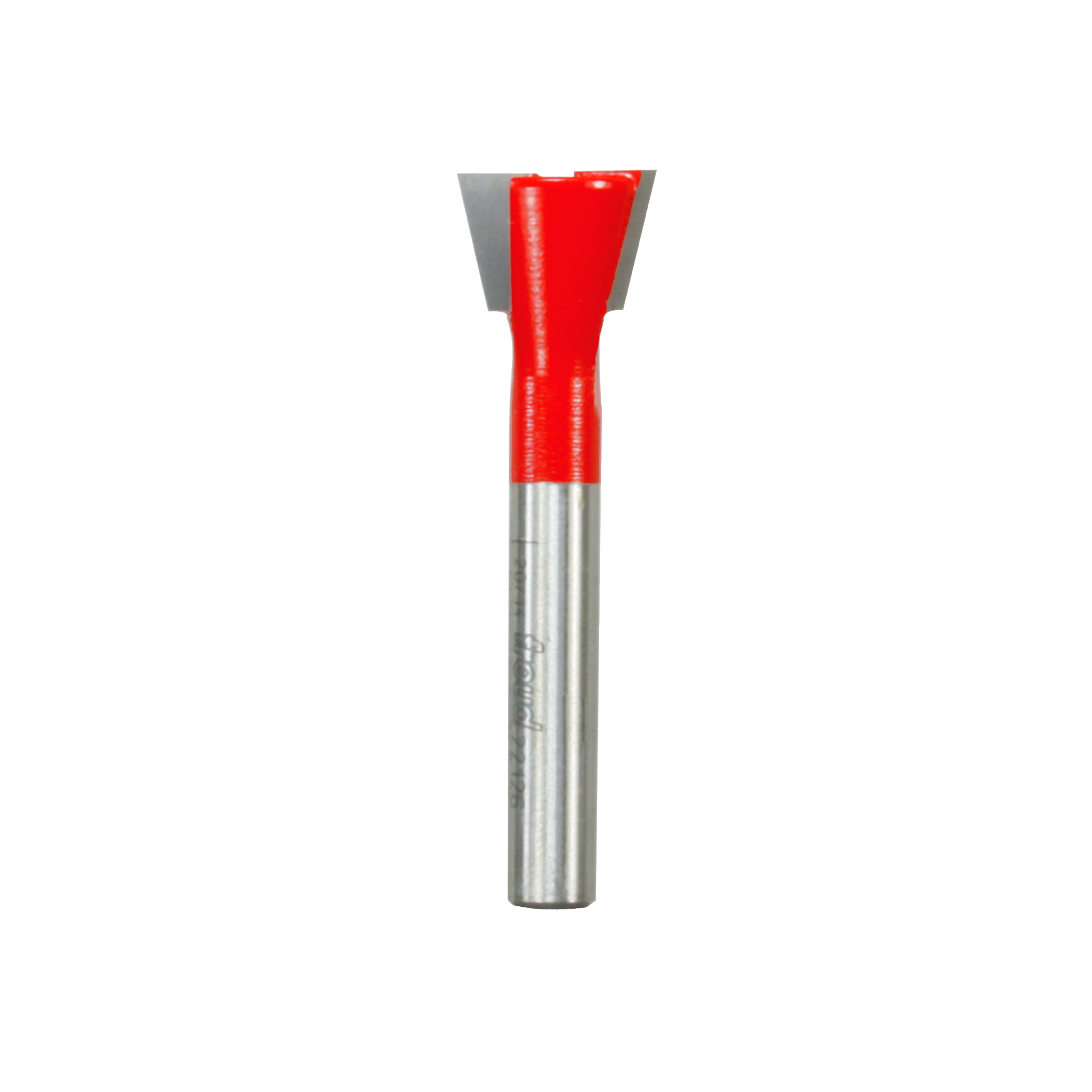 Freud dovetail router bit with red plastic body and silver metal shaft featuring angled cutting edges at the tip.