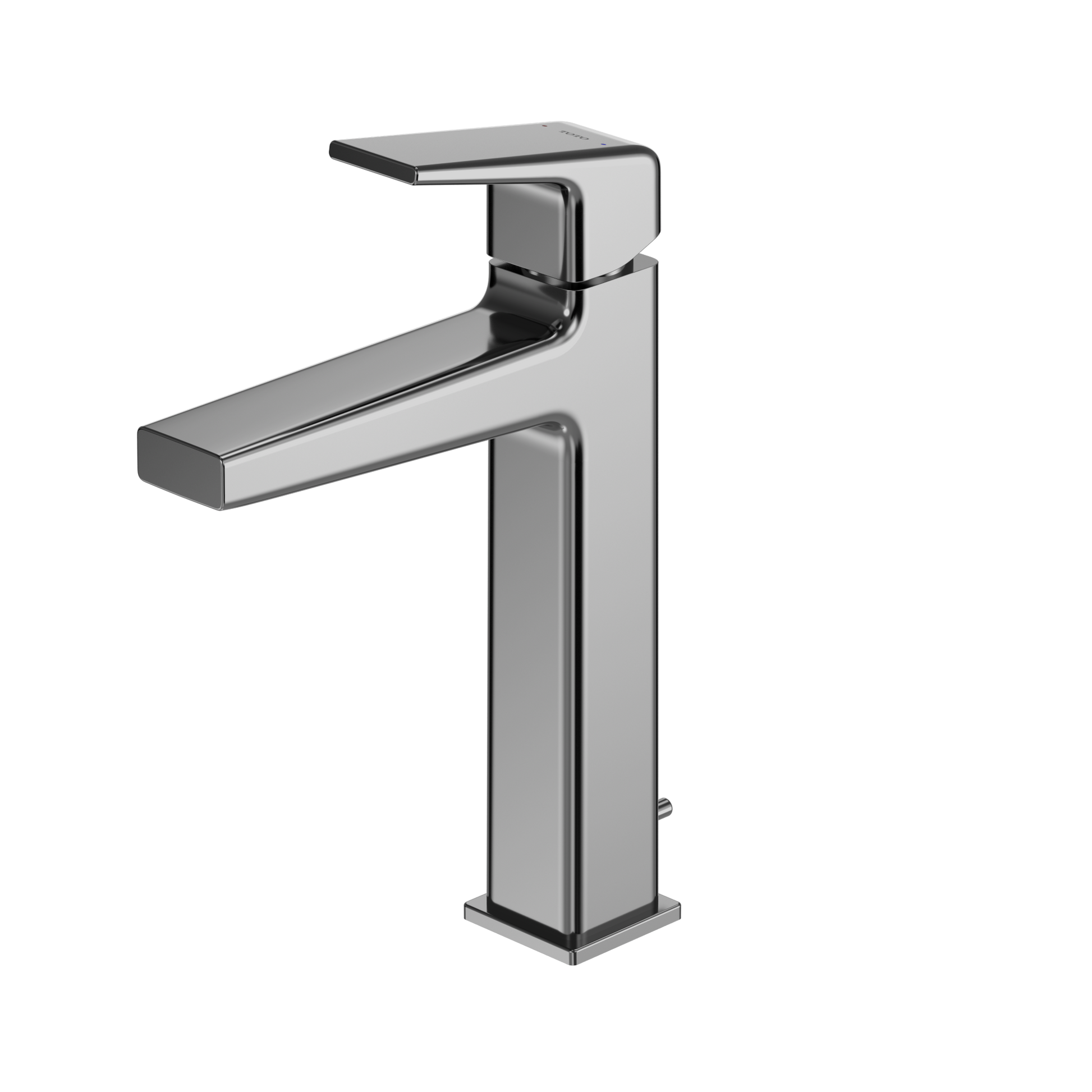 Polished chrome single-handle bathroom sink faucet with tall square base and curved spout extending leftward.