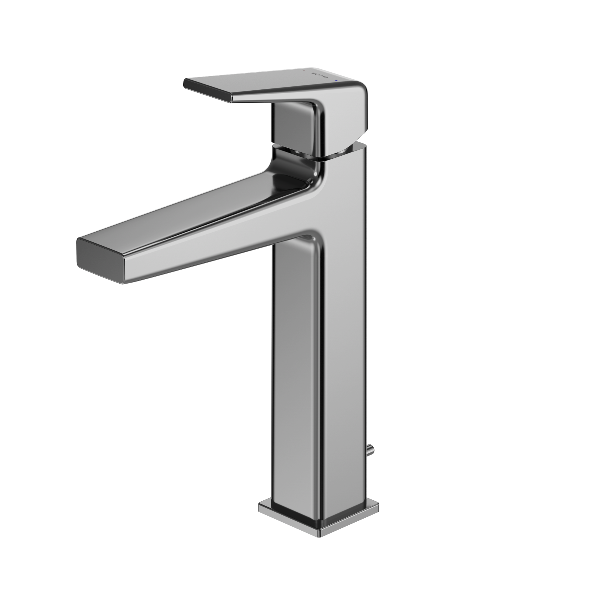 Polished chrome single-handle bathroom sink faucet with tall square base and curved spout extending leftward.