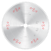Silver circular saw blade with carbide-tipped teeth around edge, center bore, and red wavy symbols marking tooth groups.
