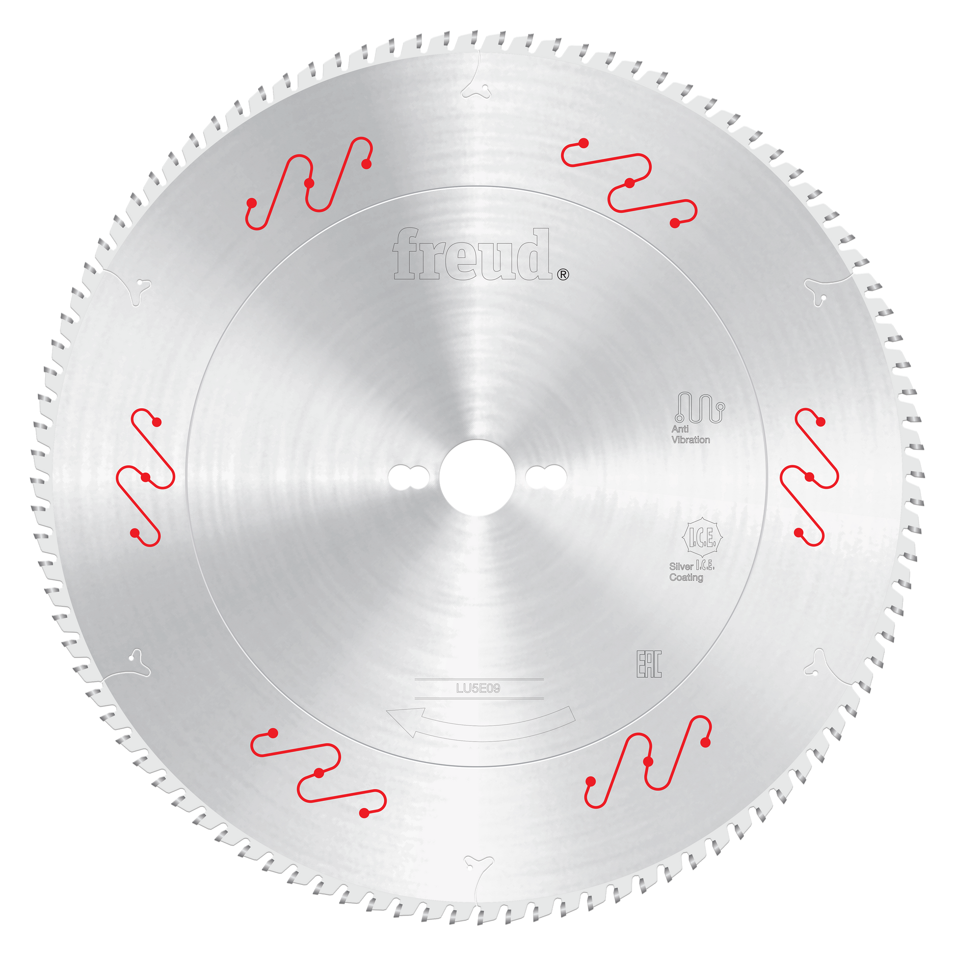 Silver circular saw blade with carbide-tipped teeth around edge, center bore, and red wavy symbols marking tooth groups.