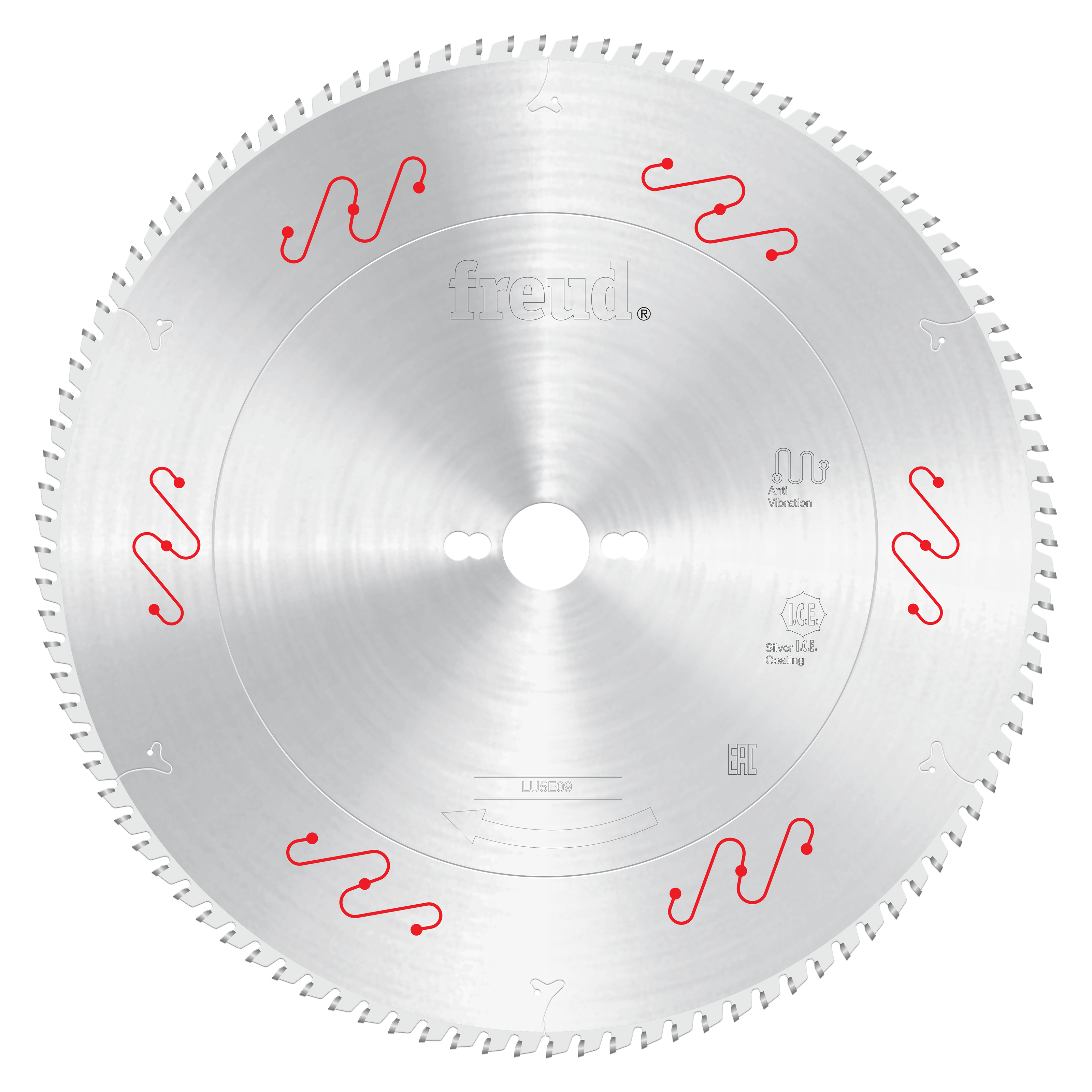 Silver circular saw blade with carbide-tipped teeth around edge, center bore, and red wavy symbols marking tooth groups.