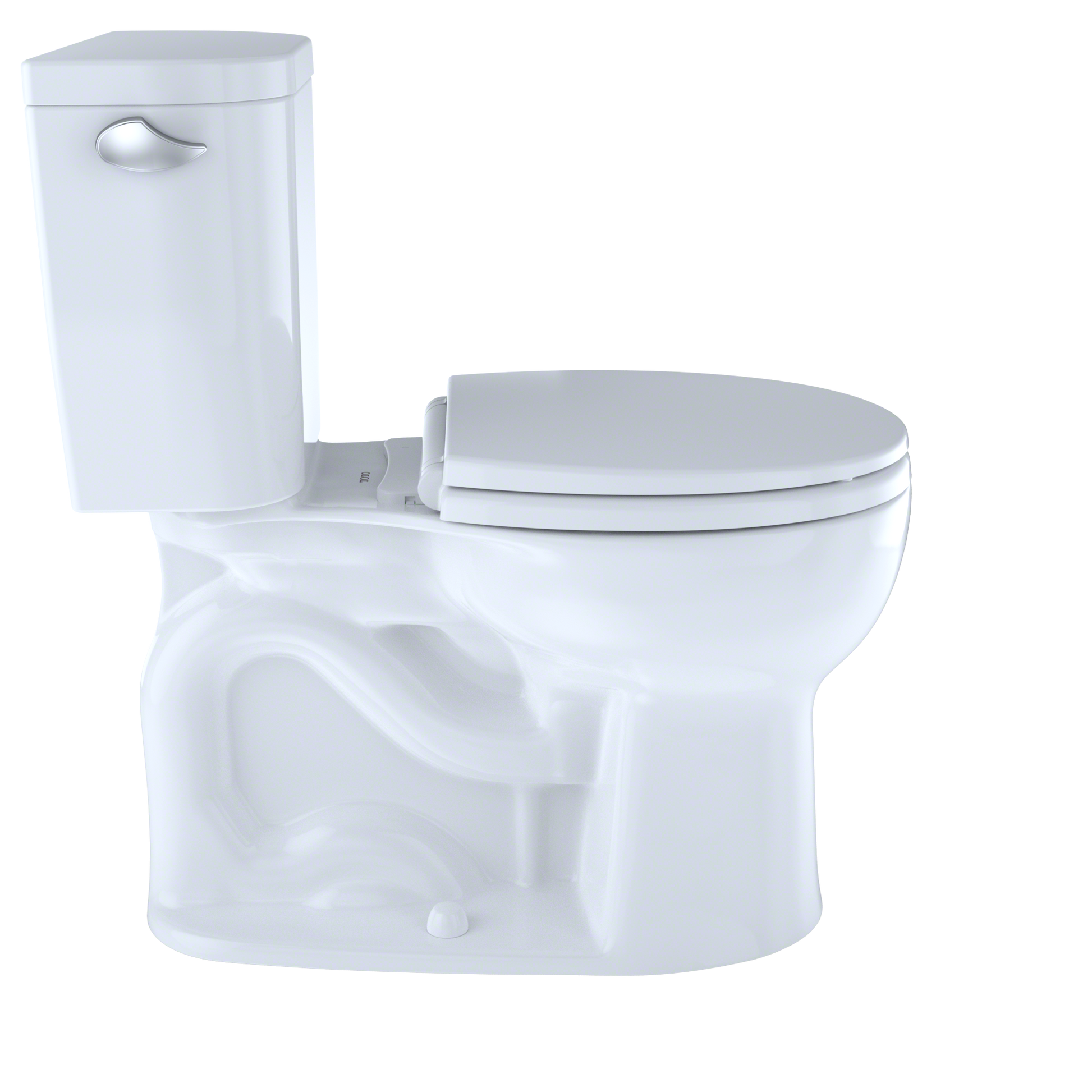 White two-piece toilet with round bowl, connected tank, and closed lid shown from an angle.