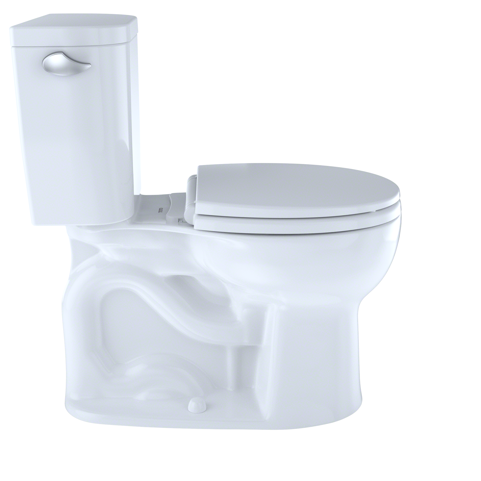 White two-piece toilet with round bowl, connected tank, and closed lid shown from an angle.