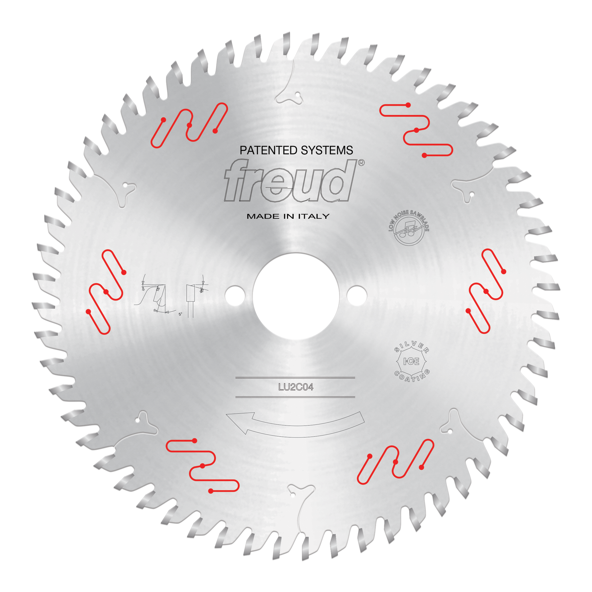 Freud LU2C04 circular saw blade with carbide-tipped teeth and center arbor hole, marked "Made in Italy."