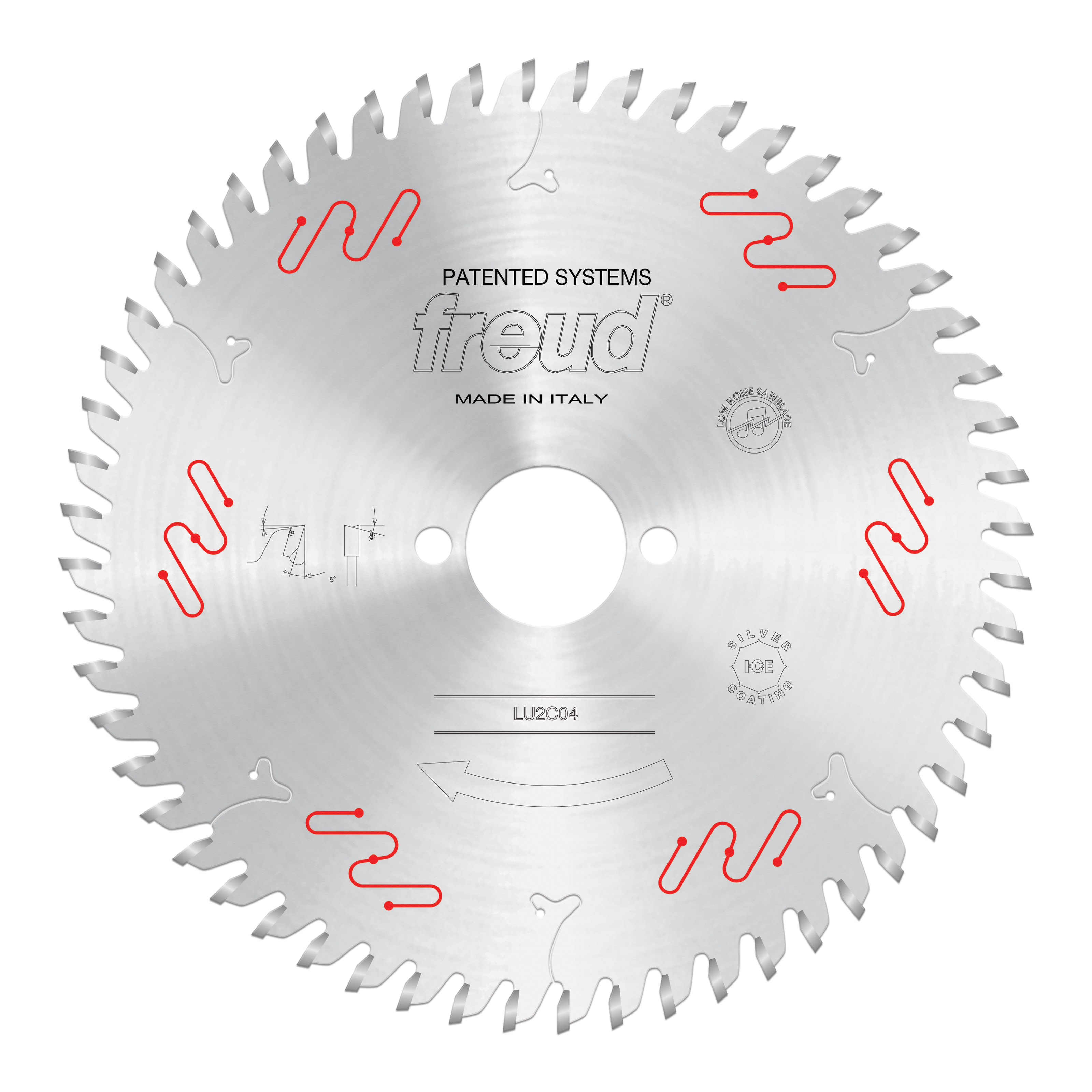 Freud LU2C04 circular saw blade with carbide-tipped teeth and center arbor hole, marked "Made in Italy."