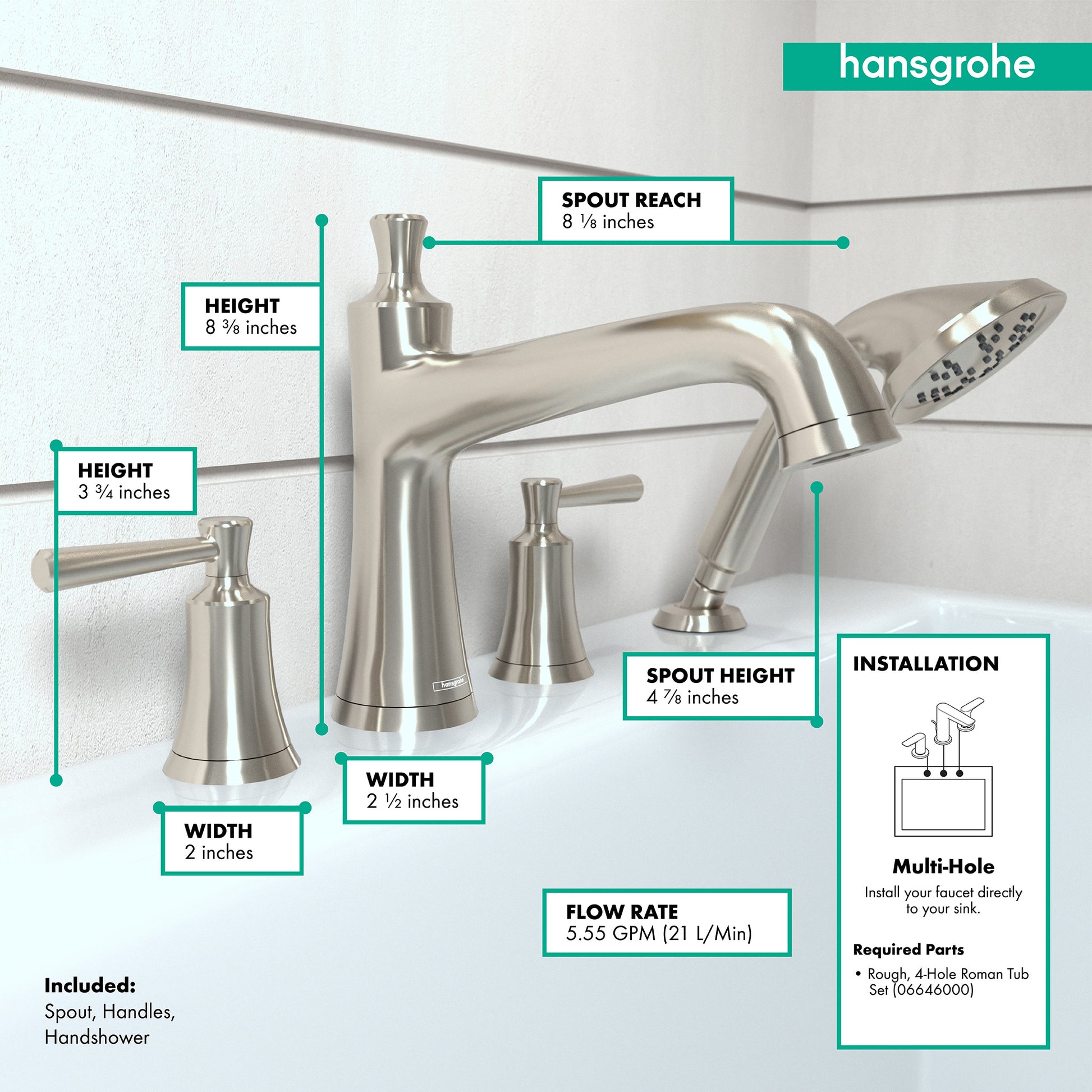 Brushed nickel 4-hole Roman tub faucet set with curved spout, dual handles, and detachable handshower shown with dimension sp