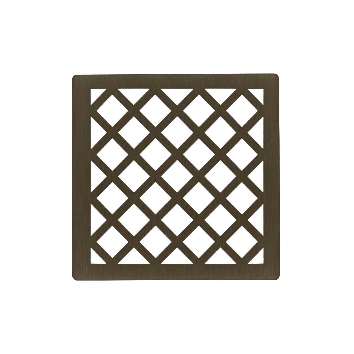 Square oil rubbed bronze drain cover with diamond lattice pattern cutout design.