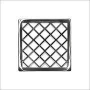 Polished stainless steel square drain cover with diamond lattice pattern and center drain opening.