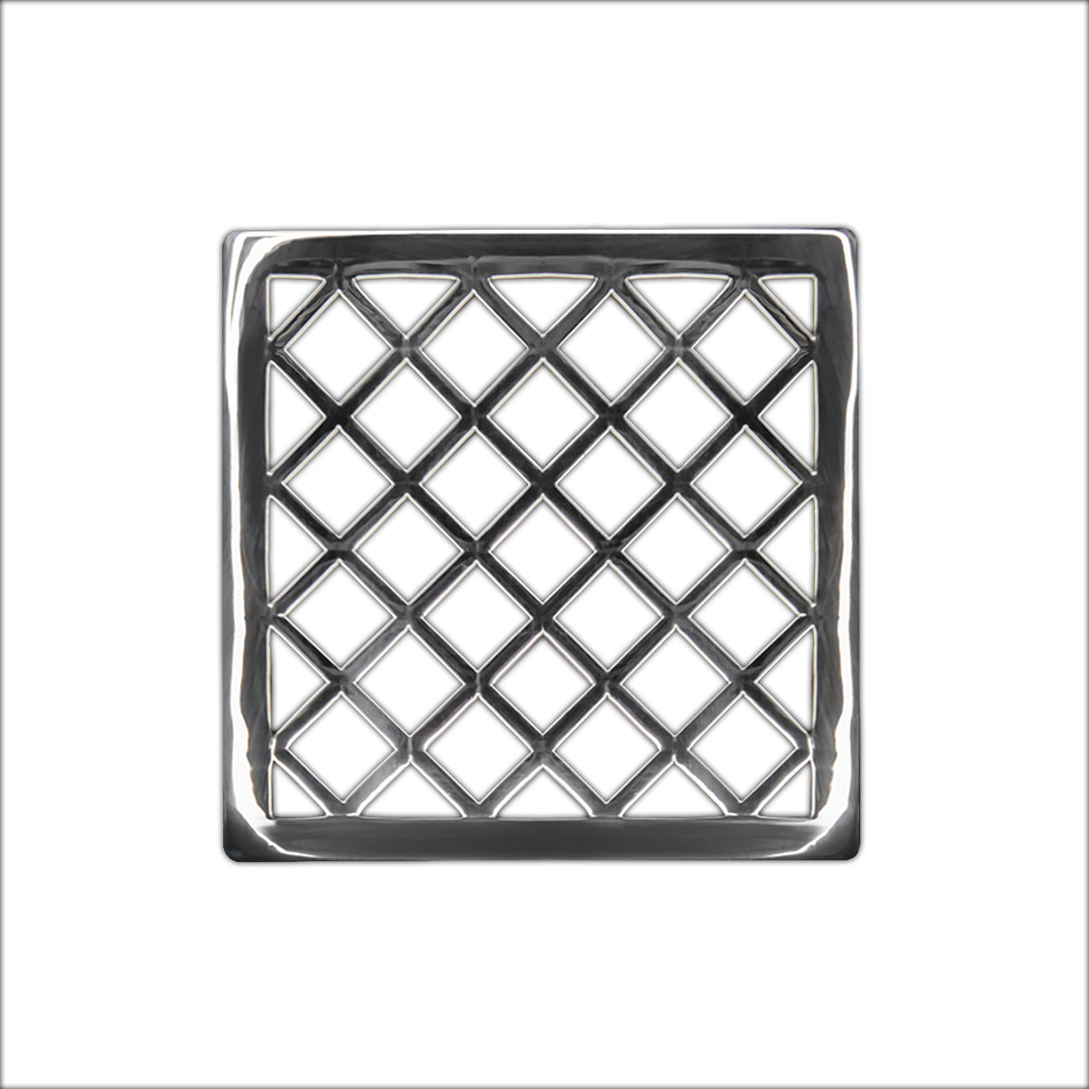Polished stainless steel square drain cover with diamond lattice pattern and center drain opening.