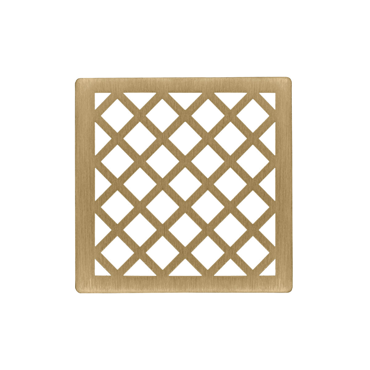 Square satin bronze decorative drain cover with lattice diamond pattern cutout design.