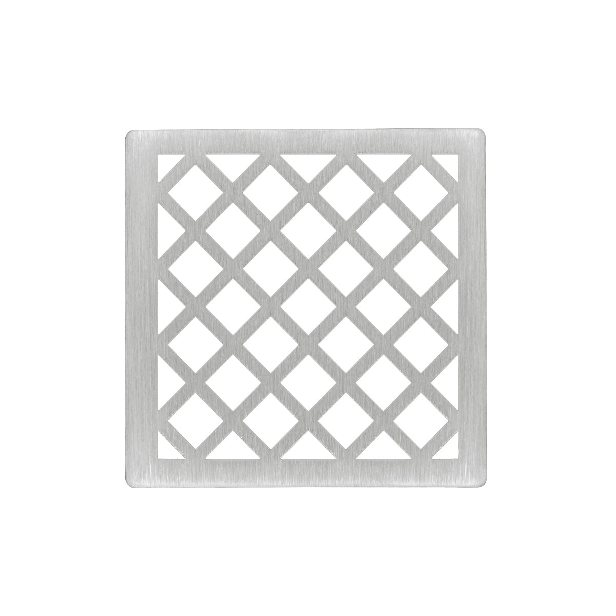Square satin stainless steel drain cover with diagonal lattice pattern design and center opening.