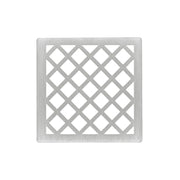 Square satin stainless steel drain cover with diagonal lattice pattern design and center opening.