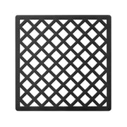 Matte black square drain cover with diagonal lattice pattern and center opening.