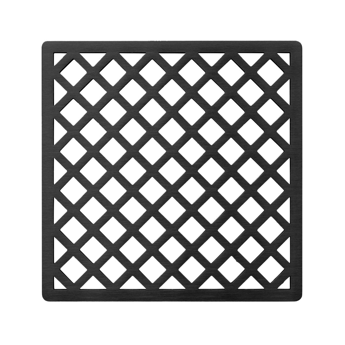 Matte black square drain cover with diagonal lattice pattern and center opening.