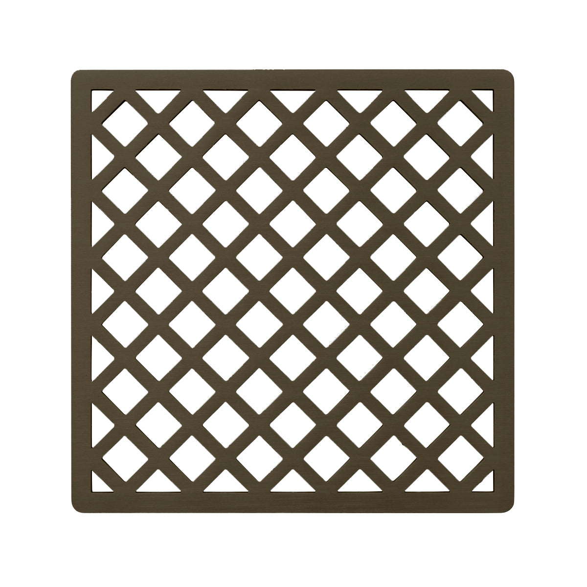 Square oil rubbed bronze drain cover with diagonal lattice pattern cutouts, 5" x 5".
