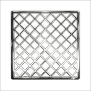 Square polished stainless steel drain cover with diamond lattice pattern design.