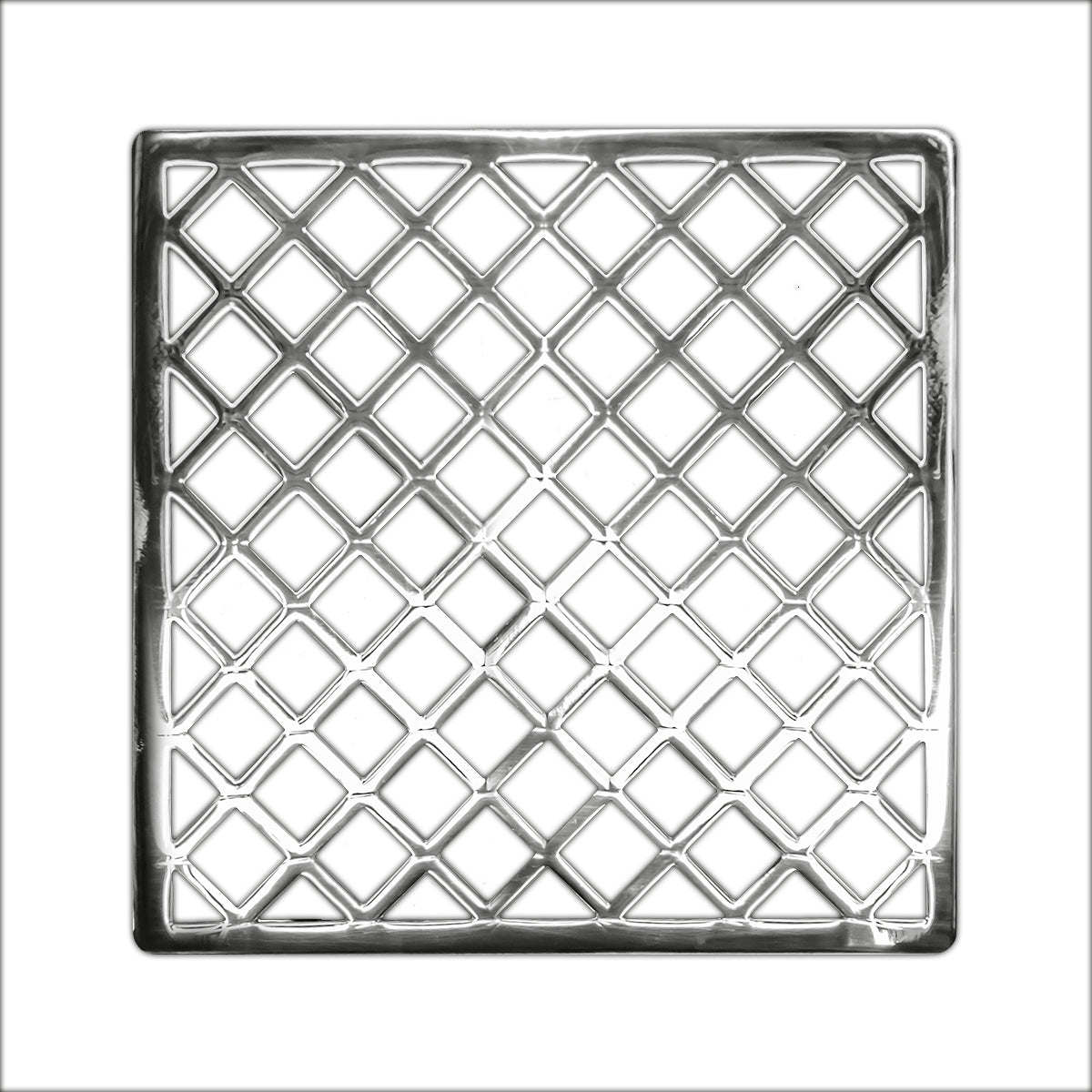 Square polished stainless steel drain cover with diamond lattice pattern design.