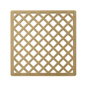 Square satin bronze drain cover with diagonal lattice pattern cutouts.