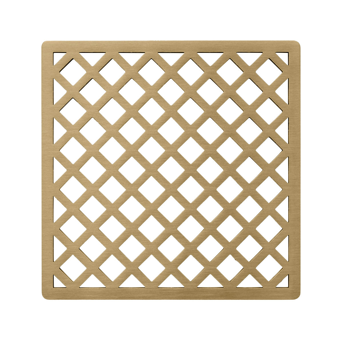 Square satin bronze drain cover with diagonal lattice pattern cutouts.