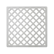 Square satin stainless steel drain cover with diagonal lattice pattern and center opening.