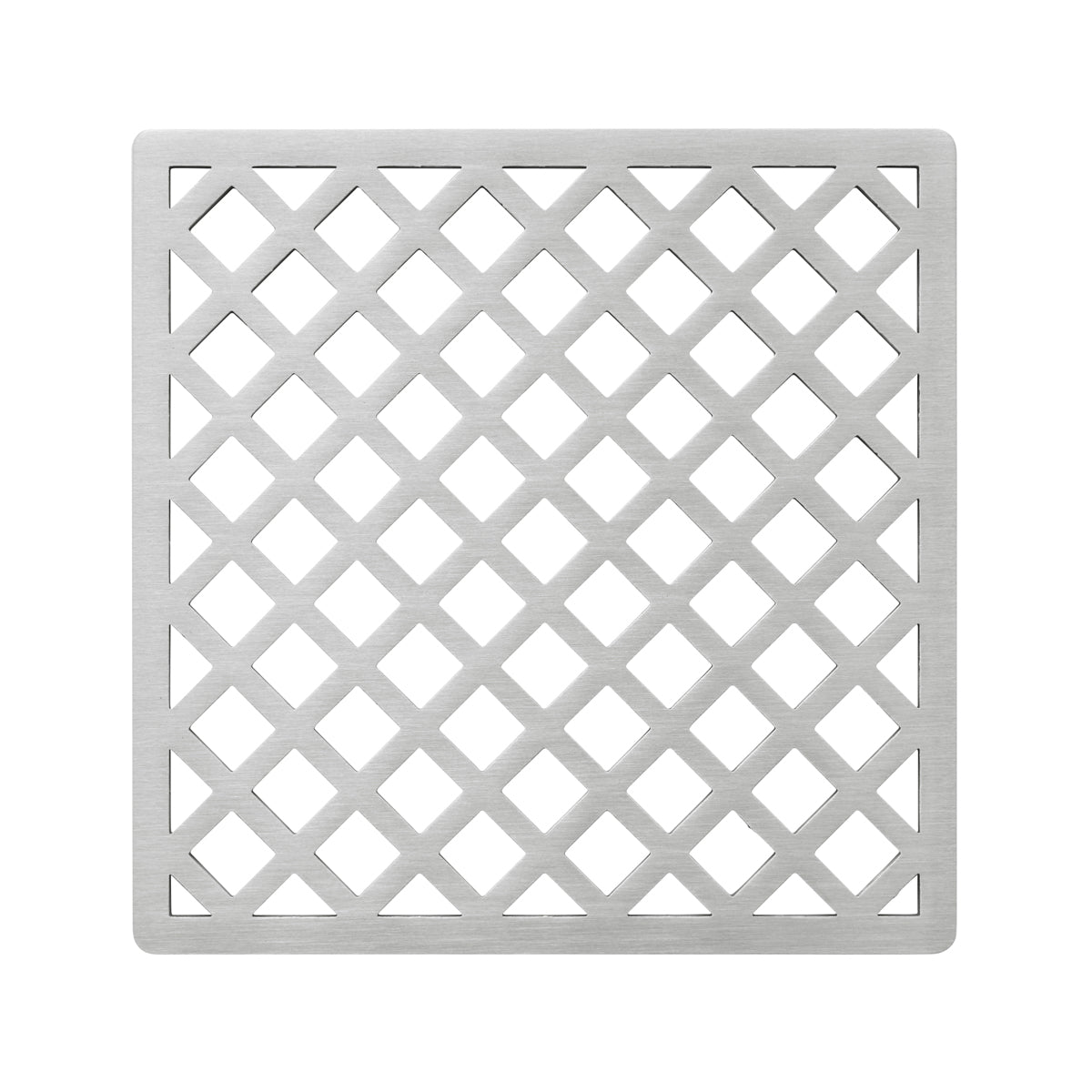 Square satin stainless steel drain cover with diagonal lattice pattern and center opening.