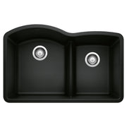 Coal black double bowl kitchen sink with low divide and chrome drain fixtures, viewed from above.
