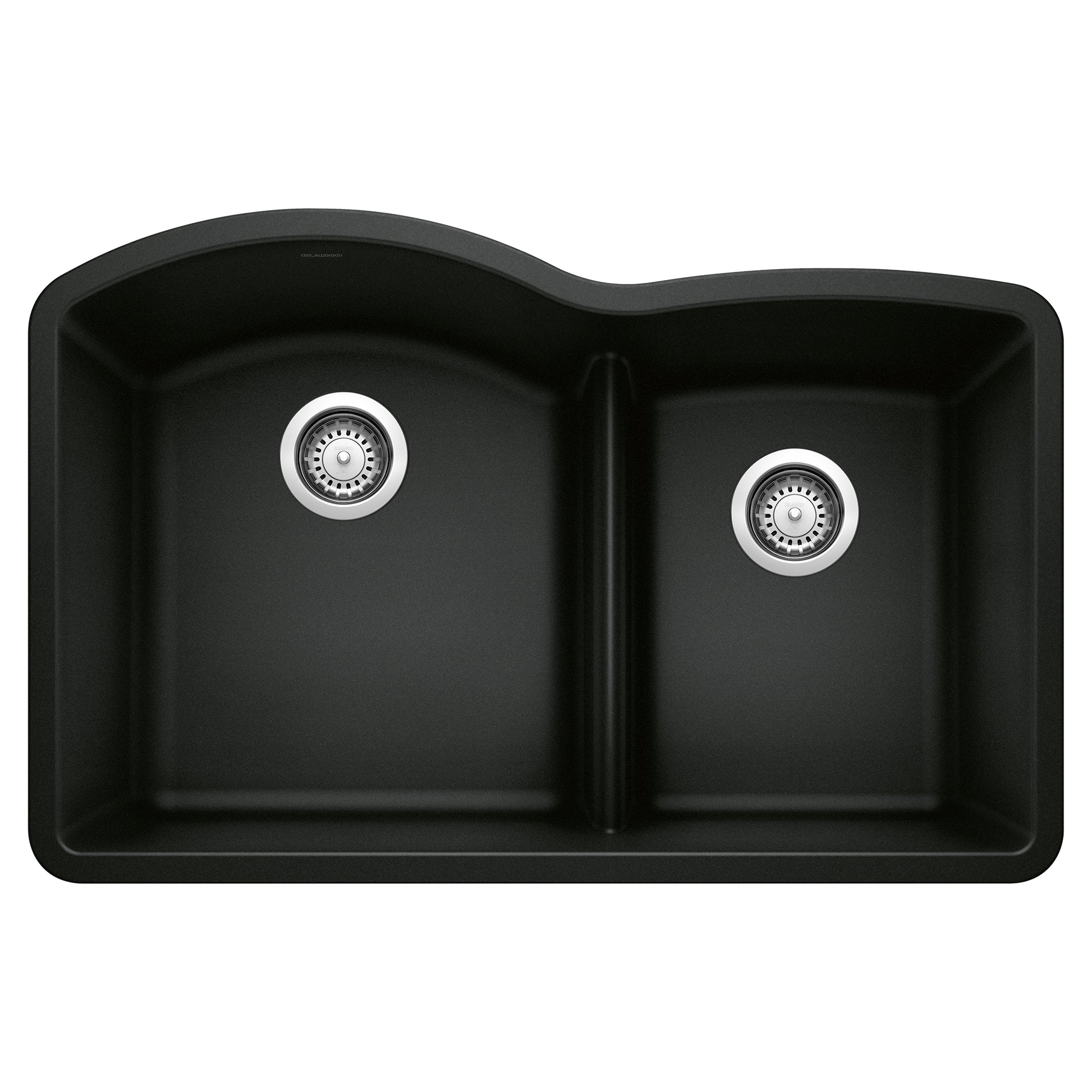 Coal black double bowl kitchen sink with low divide and chrome drain fixtures, viewed from above.