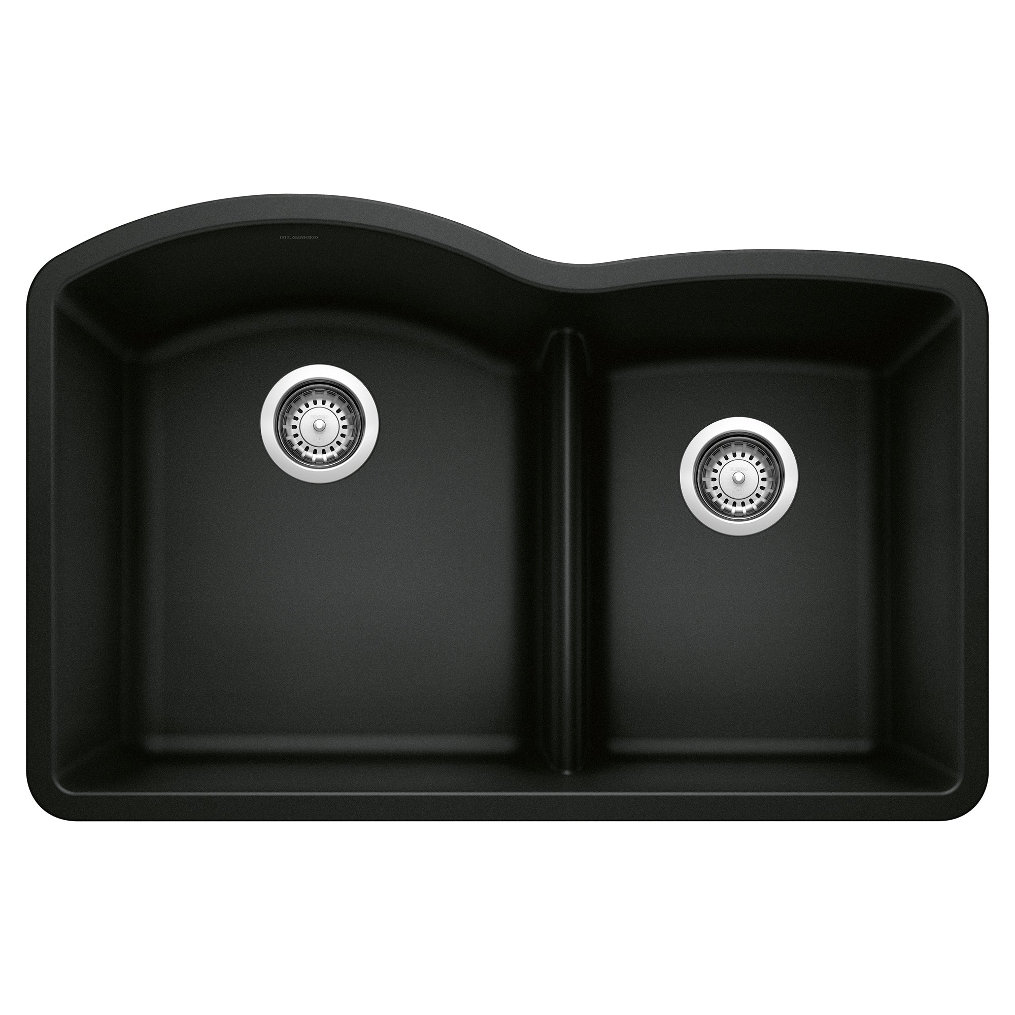 Coal black double bowl kitchen sink with low divide and chrome drain fixtures, viewed from above.