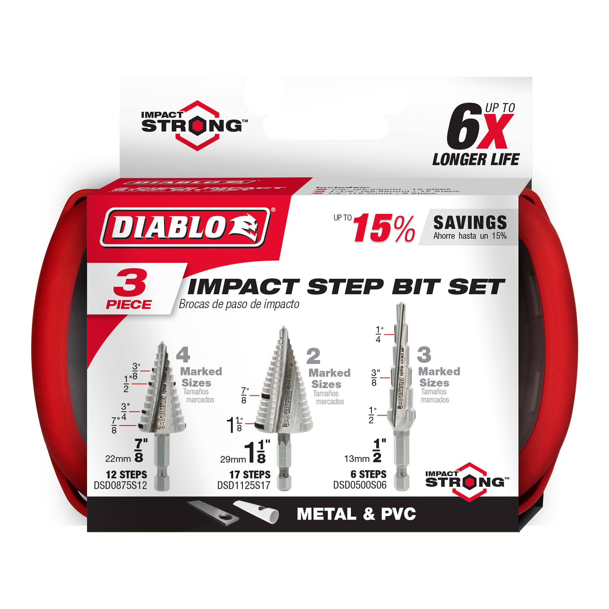 Three Diablo step drill bits in varying sizes with marked measurements, displayed in red and white packaging labeled for meta