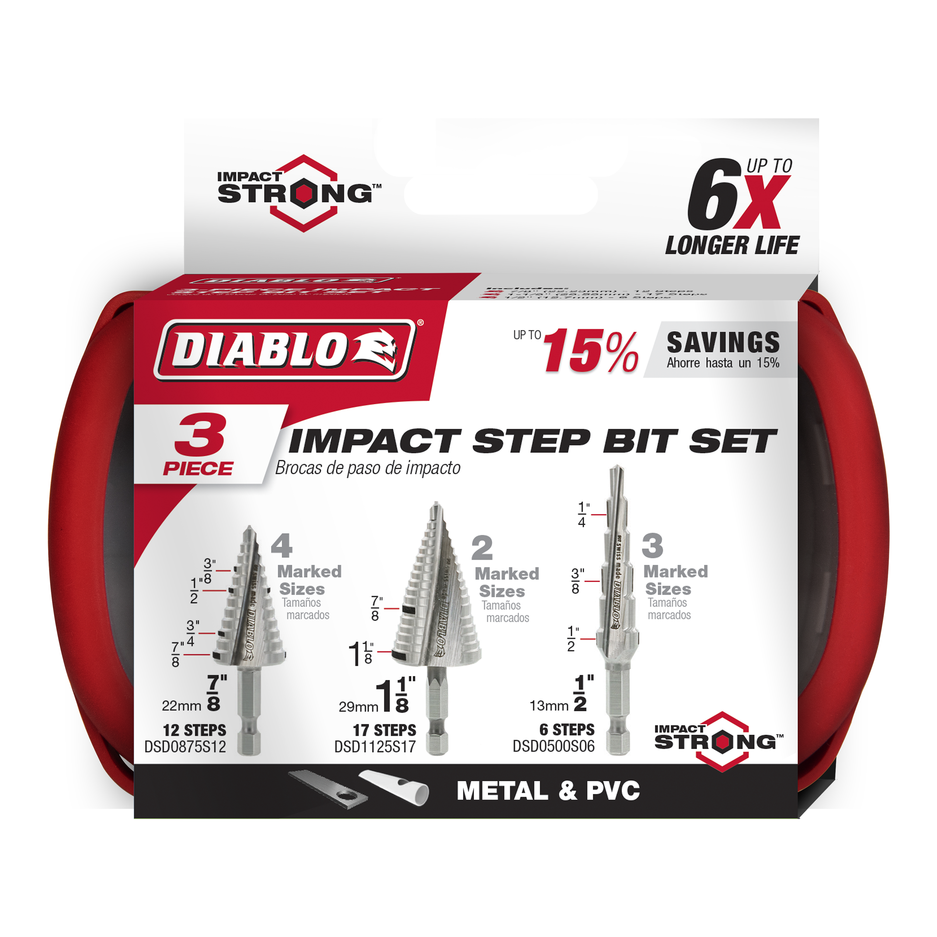 Three Diablo step drill bits in varying sizes with marked measurements, displayed in red and white packaging labeled for meta