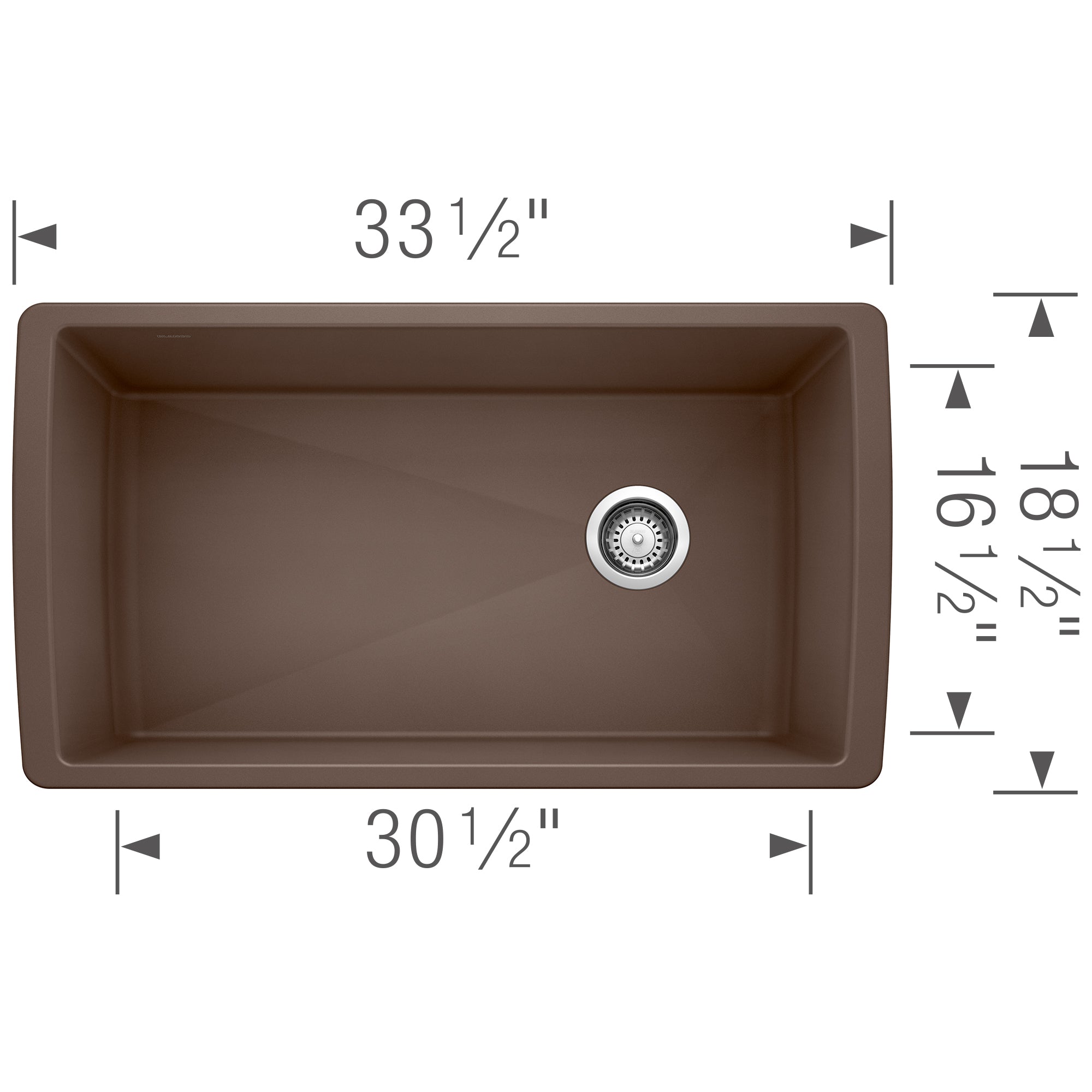 Cafe brown single bowl undermount sink with rounded corners and chrome drain, measuring 33.5" wide by 30.5" deep.
