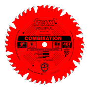 Red circular saw blade with 40 teeth, 9 inch diameter, labeled "Freud Industrial Combination" for ripping and crosscutting.
