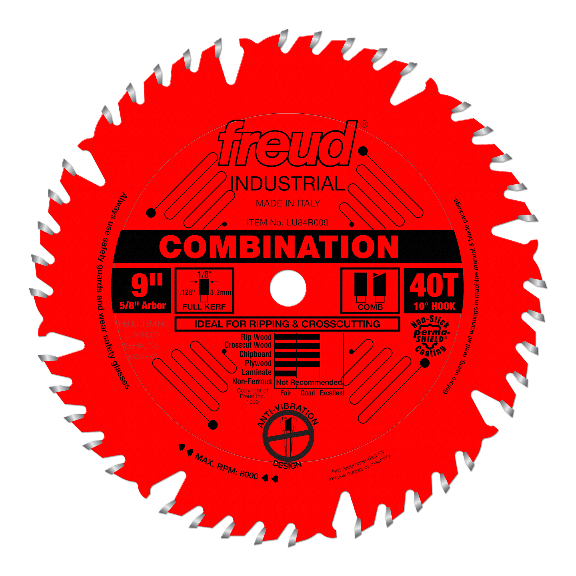 Red circular saw blade with 40 teeth, 9 inch diameter, labeled "Freud Industrial Combination" for ripping and crosscutting.
