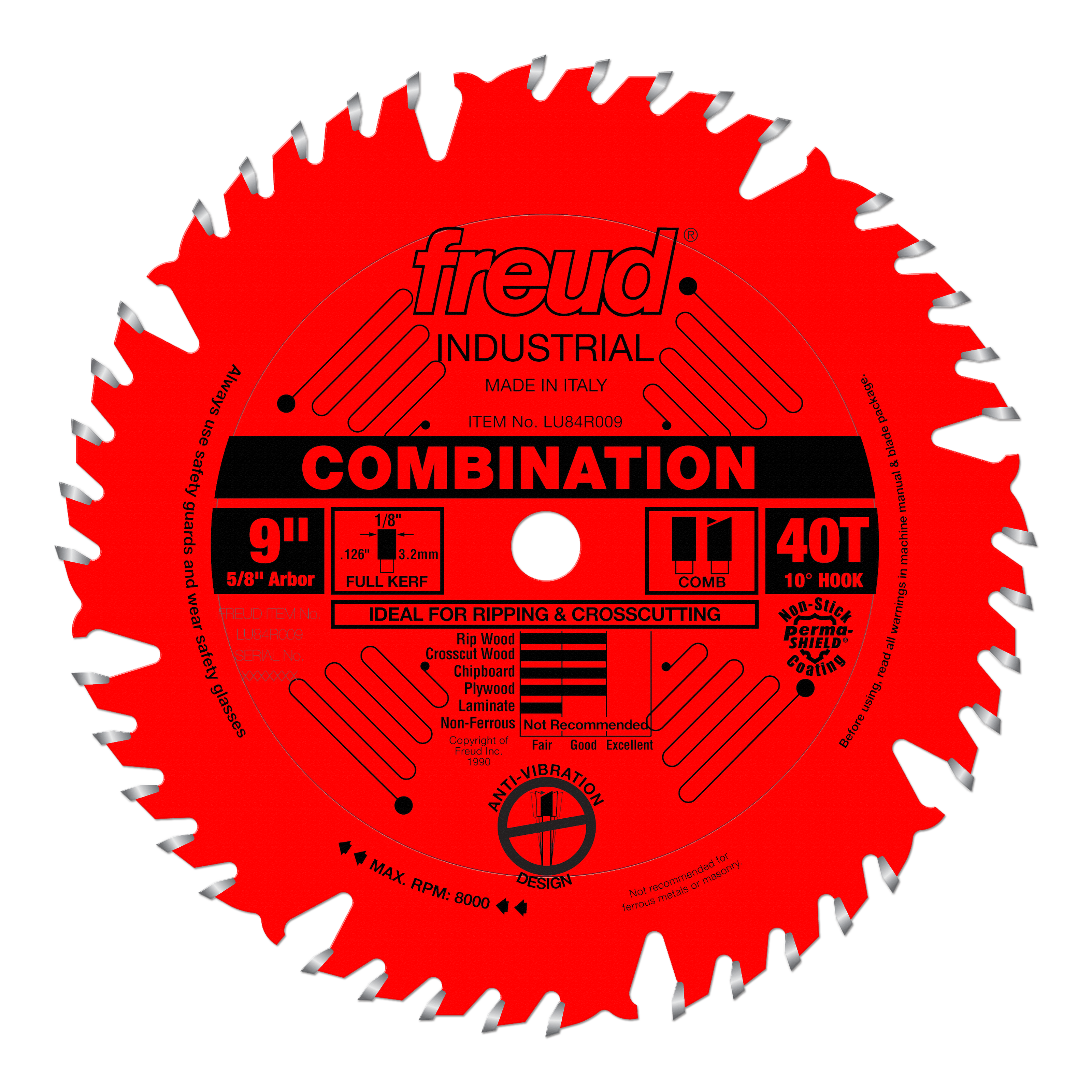 Red circular saw blade with 40 teeth, 9 inch diameter, labeled "Freud Industrial Combination" for ripping and crosscutting.