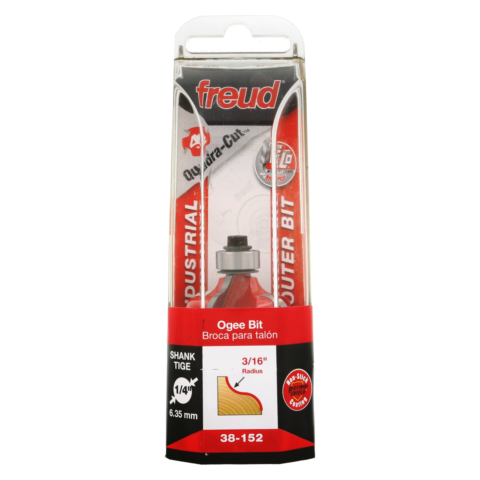 Freud ogee router bit with red body, silver shank, and 1/4" diameter in clear plastic retail packaging.