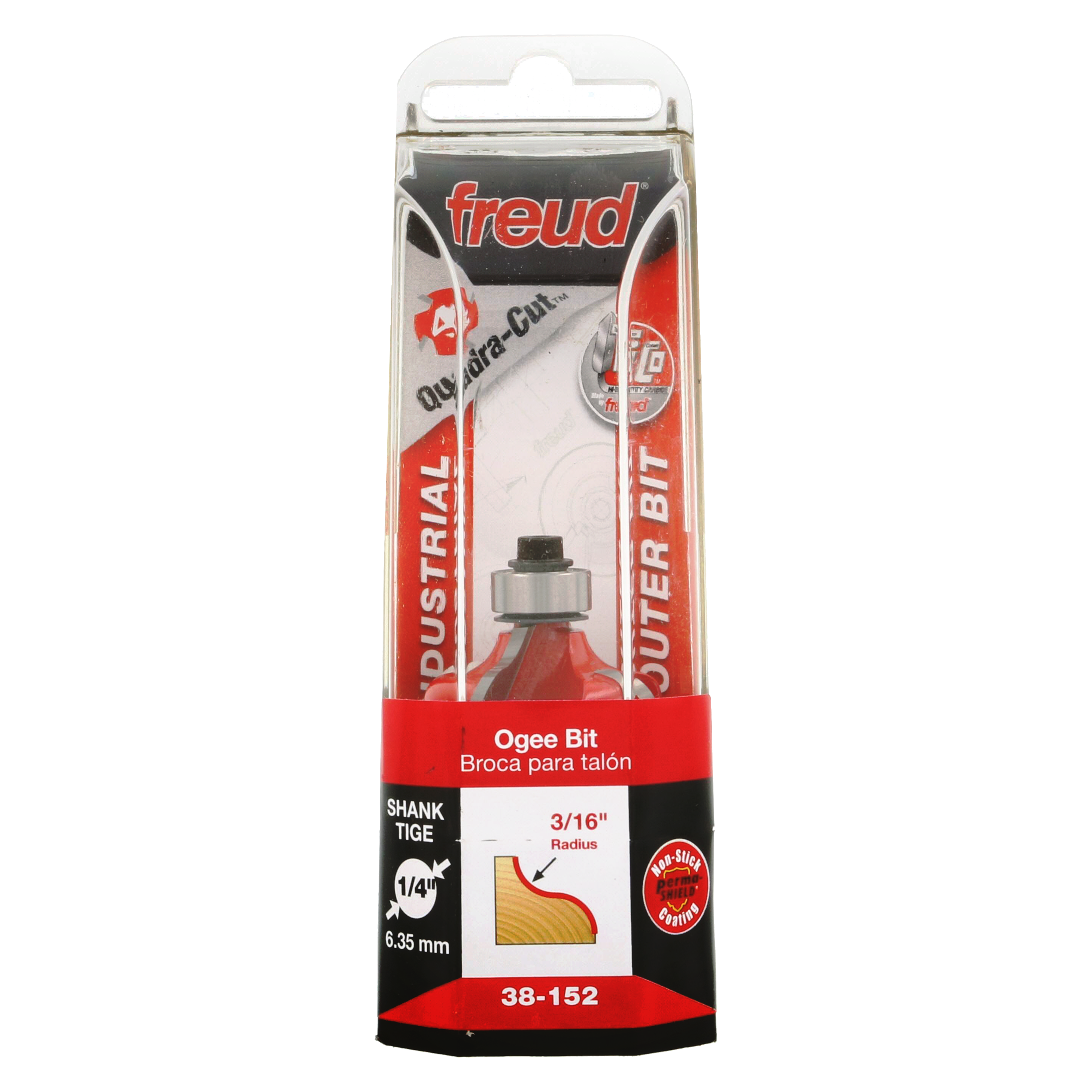 Freud ogee router bit with red body, silver shank, and 1/4" diameter in clear plastic retail packaging.