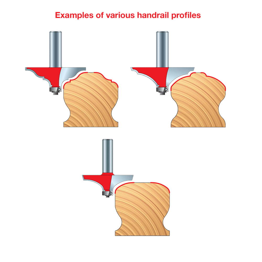 Router bit with red cutting head mounted on cylindrical shank shown creating three different curved wood handrail profiles.