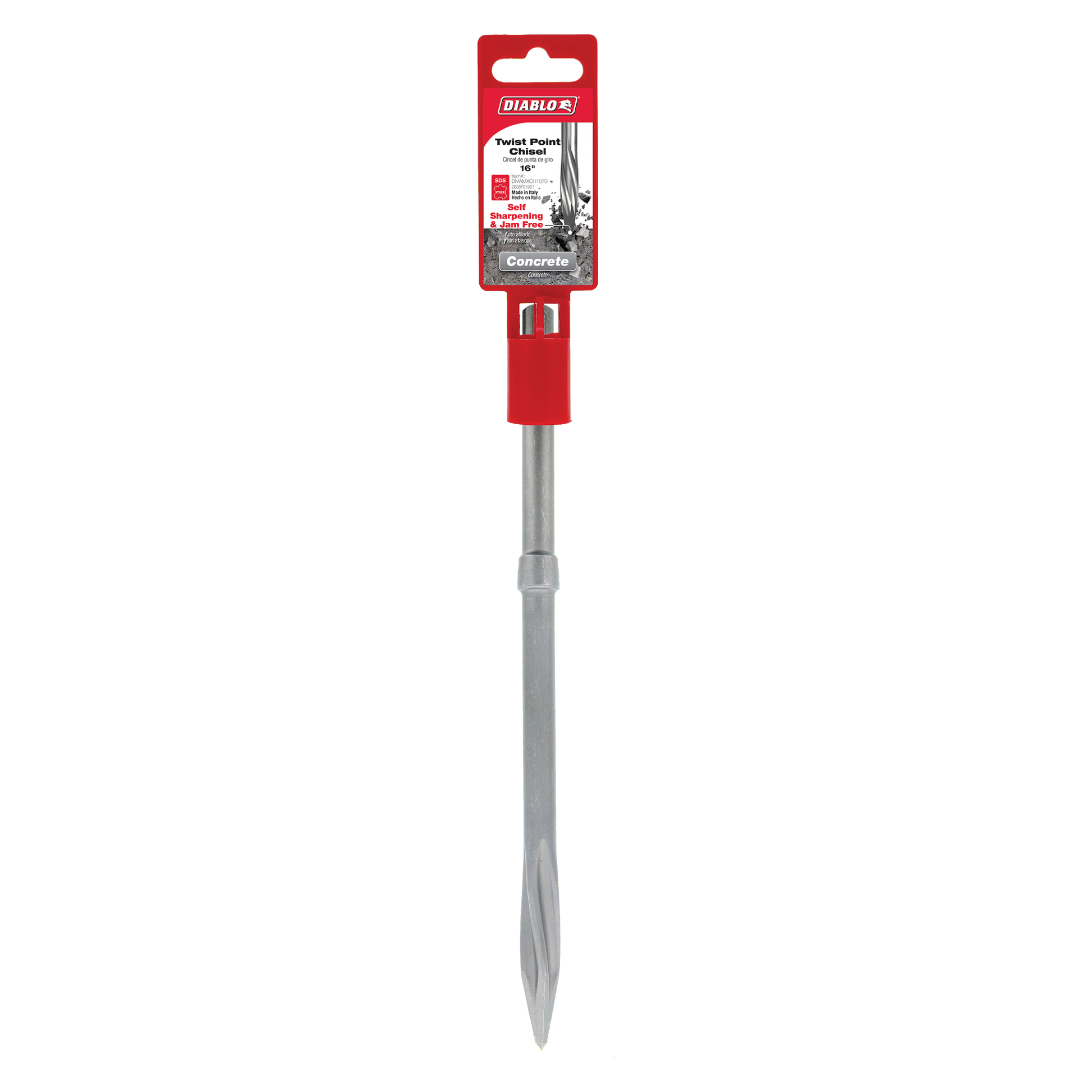 Diablo SDS-Max twist point chisel with 1-inch wide steel bit, red handle, and packaging displayed.