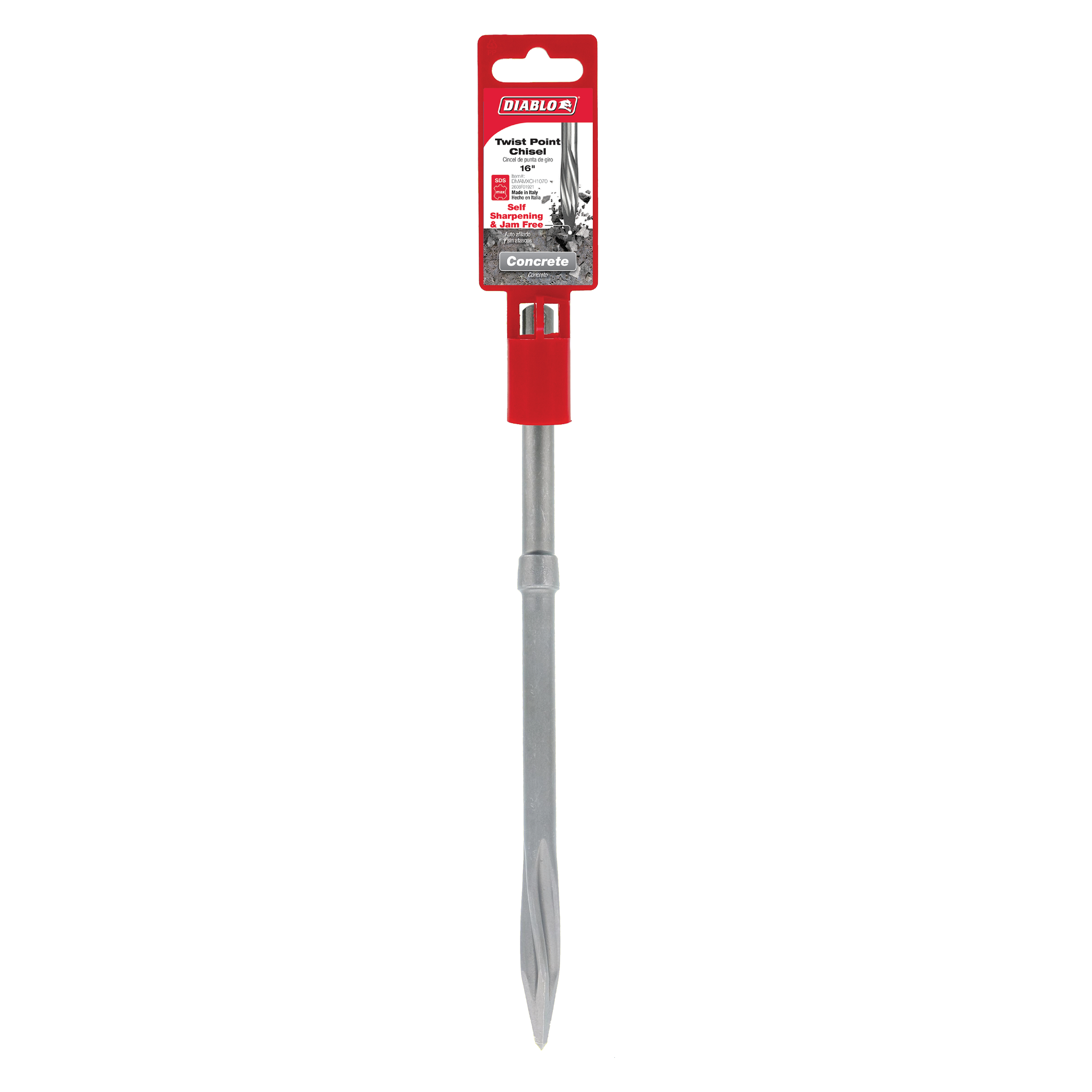 Diablo SDS-Max twist point chisel with 1-inch wide steel bit, red handle, and packaging displayed.