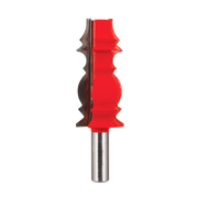 Red and gray molding router bit with ornamental crown profile and metal shank.