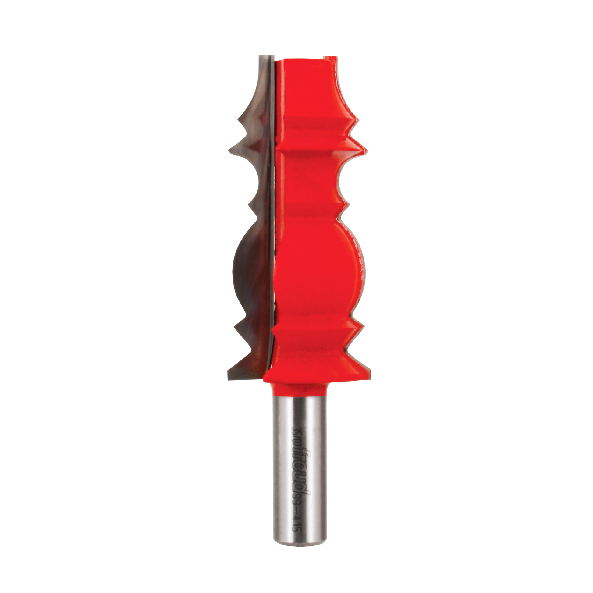 Red and gray molding router bit with ornamental crown profile and metal shank.