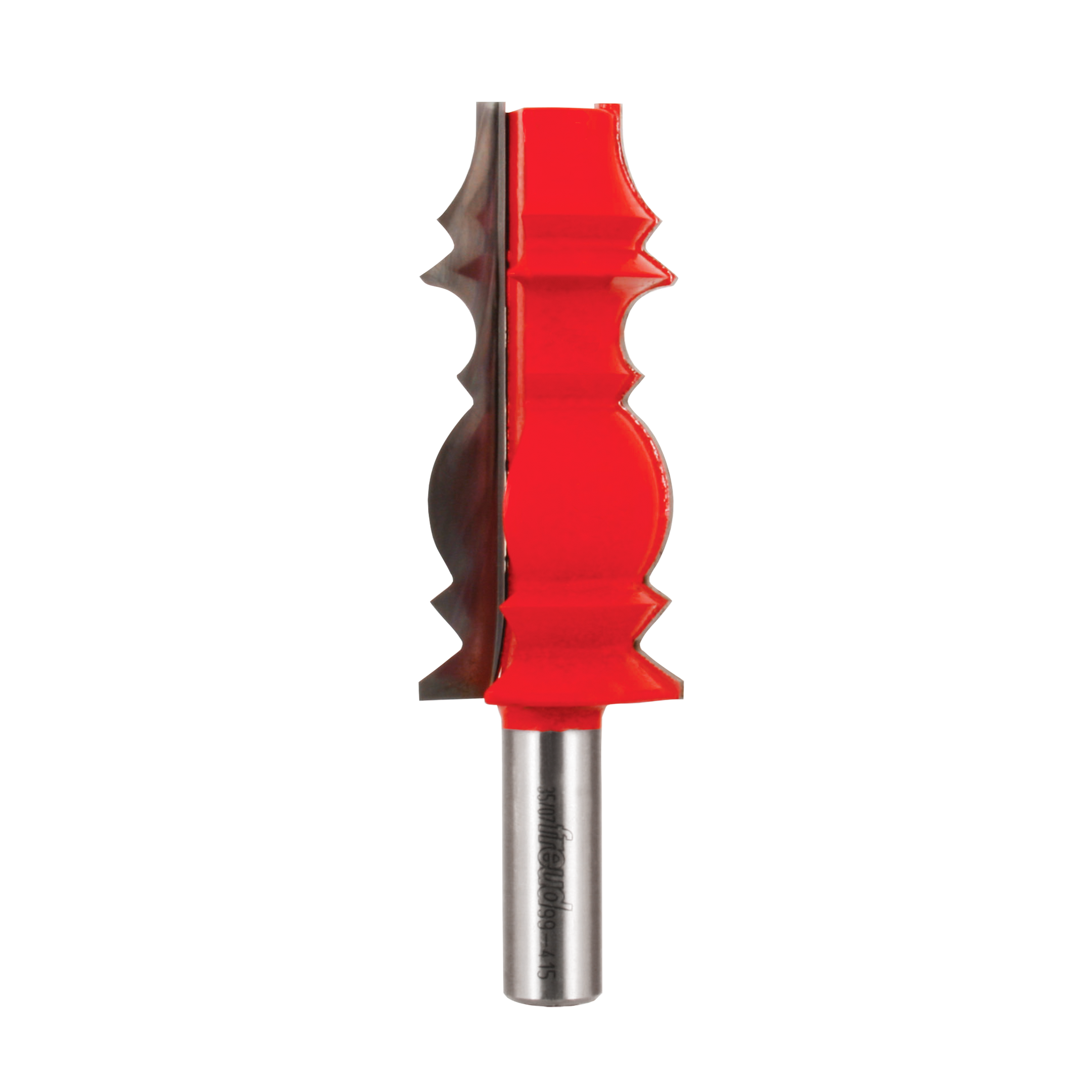 Red and gray molding router bit with ornamental crown profile and metal shank.